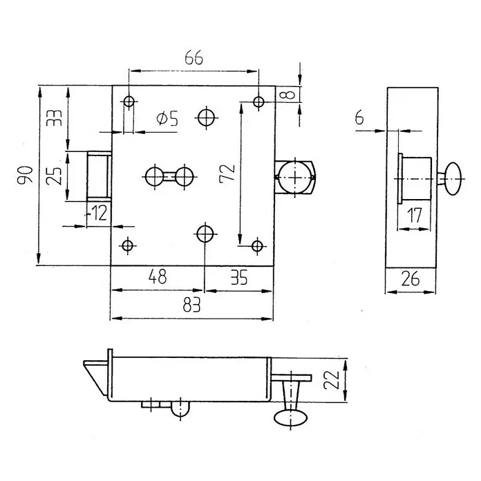 Stabilit Schloss - Buntbartschloss, Universell einsetzbar, L x B x H: 26 x 83 x 90 mm - Ansicht von oben