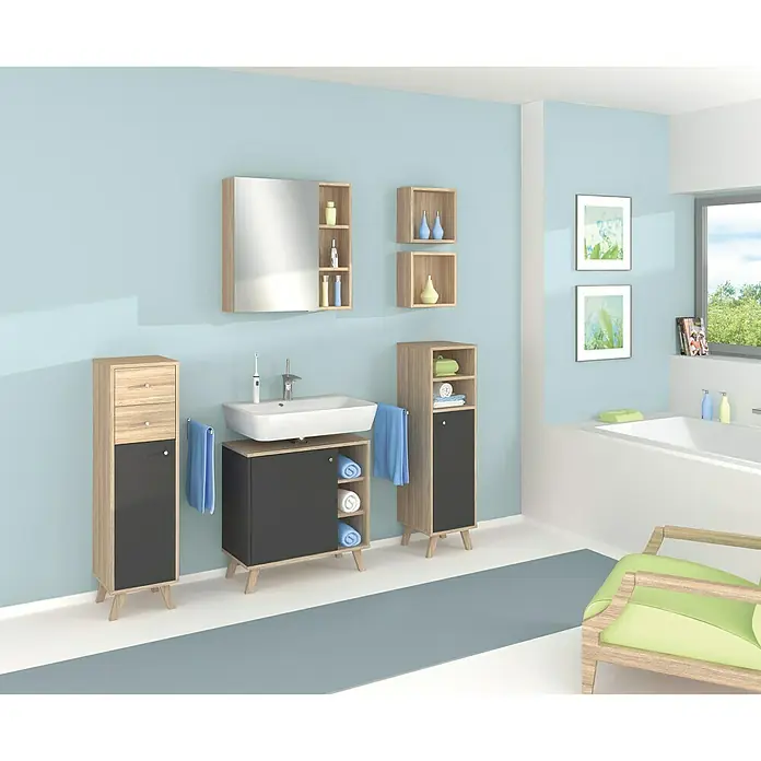 Madera Spiegelschrank - B x H: 65 x 65 cm, Ohne Beleuchtung, Spanplatte, Eiche Hell