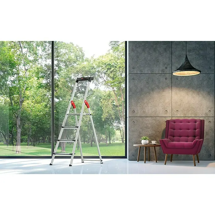 Hailo Stojeće ljestve s gazištem XXL - Radna visina: 2,6 m, Broj stuba: 4 stepenice, Dubina gazišta: 130 mm, Aluminij