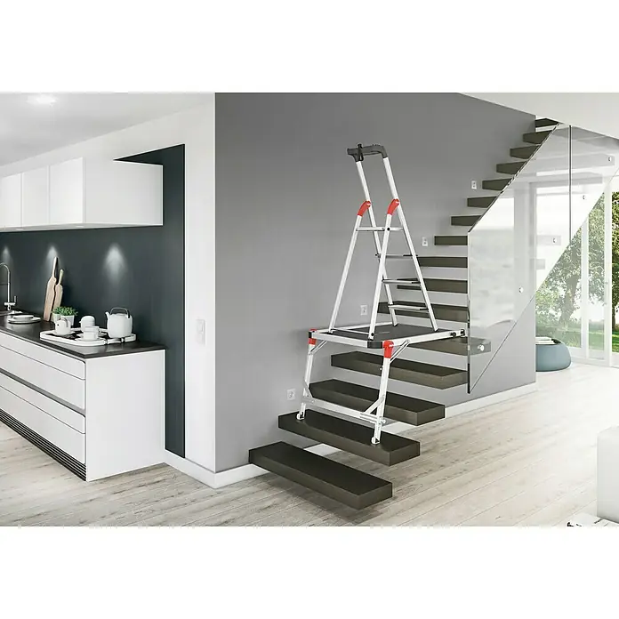 Hailo Stojeće ljestve s gazištem XXL - Radna visina: 2,6 m, Broj stuba: 4 stepenice, Dubina gazišta: 130 mm, Aluminij