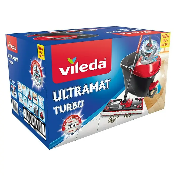 Vileda Ultramat Reinigungssystem & Eimer Turbo Set - 1 x Ultramat Eimer mit Auswringer und Fußpedal, 1 x Ultramat Wischer, 1 x Mikrofaserbezug