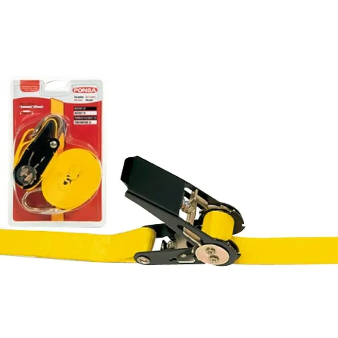 Ponsa Correa de amarre con trinquete Ratchet con 2 ganchos - L x An: 5 m x 25 mm, Carga soportada: 1.000 kg, 2 mosquetones