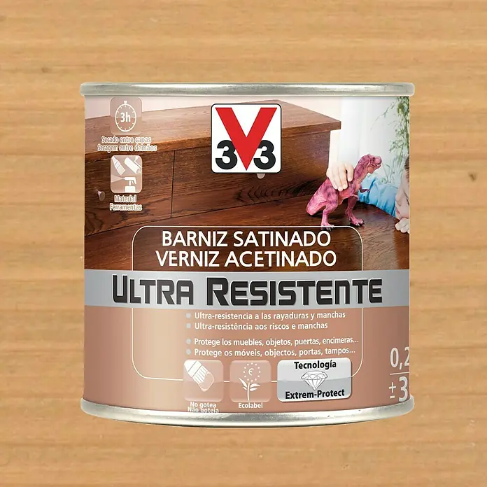 V33 Barniz para madera Satinado Ultra Resistente - Roble claro, Satinado, 250 ml