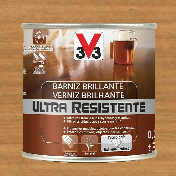 V33 Barniz para madera Brillante Ultra Resistente - Roble oscuro, Brillante, 250 ml