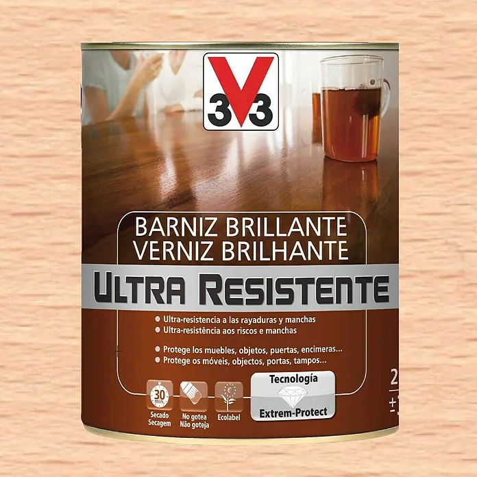 V33 Barniz para madera Brillante Ultra Resistente - Incoloro, Brillante, 750 ml