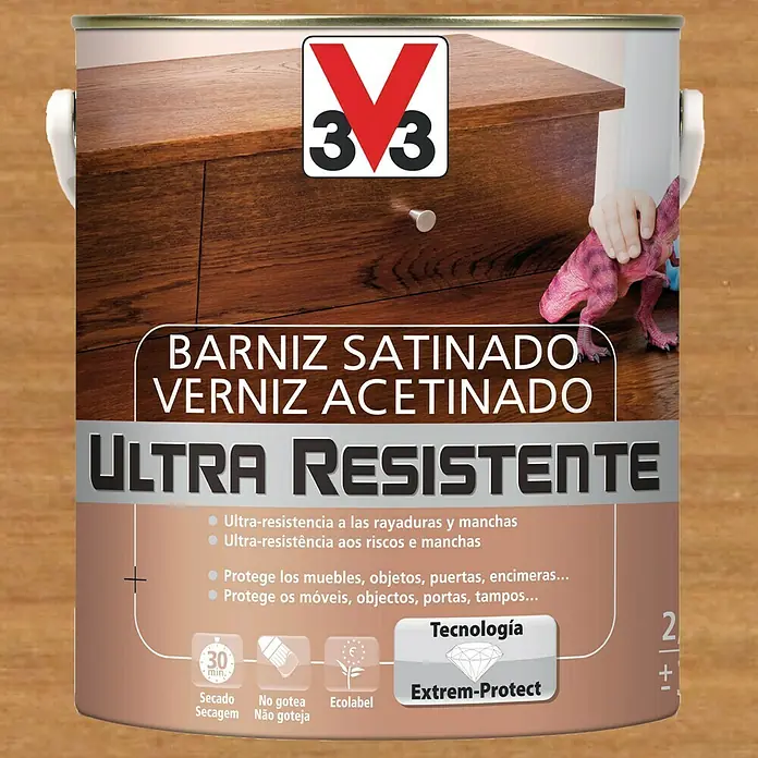 V33 Barniz para madera Satinado Ultra Resistente - Roble oscuro, Satinado, 2,5 l
