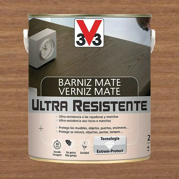 V33 Barniz para madera Mate Ultra Resistente - Nogal, Mate, 2,5 l