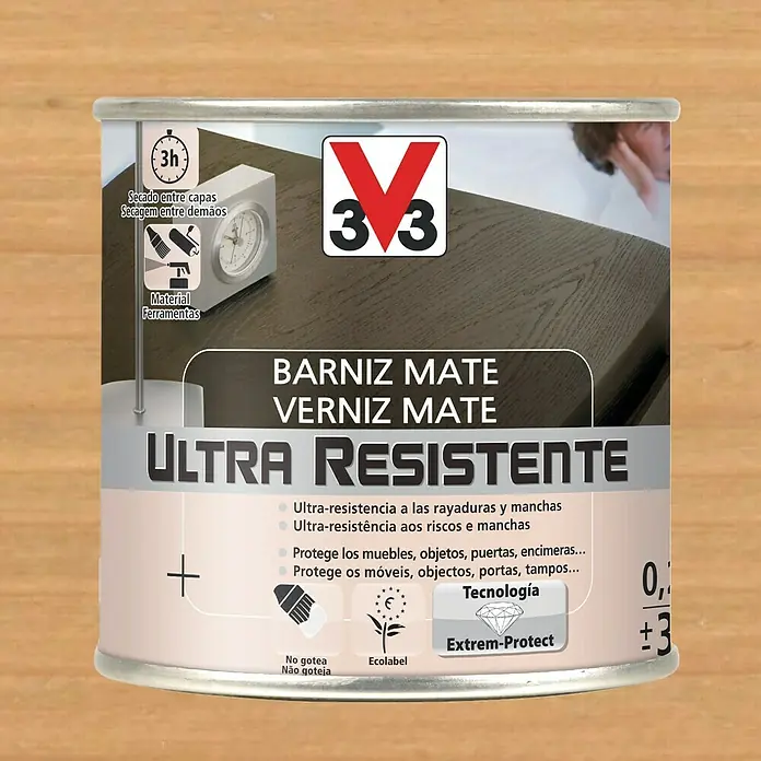 V33 Barniz para madera Mate Ultra Resistente - Roble claro, Mate, 250 ml