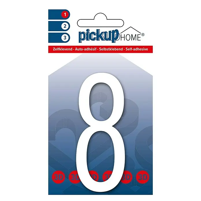 Pickup 3D Home Kućni broj Oslo - Visina: 9 cm, Motiv: 8, Bijele boje, Plastika, Samoljepljivo