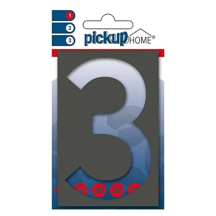 Pickup 3D Home Huisnummer - Hoogte: 10 cm, Motief: 3, Grijs, Kunststof, Zelfklevend
