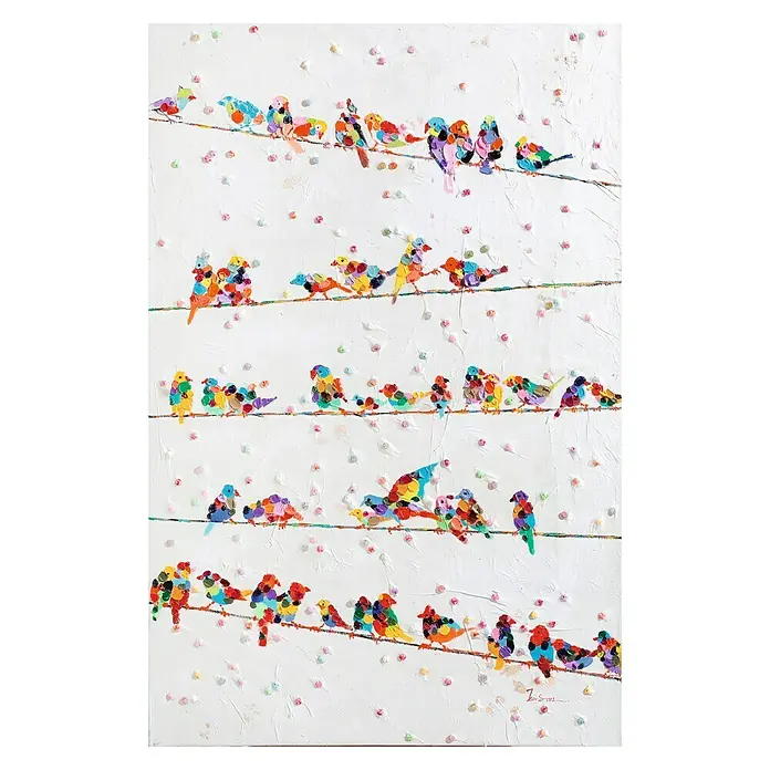 Cuadro pintado a mano Dipinto Coloured birds on ropes - Pájaros de colores sobre cuerdas, An x Al: 90 x 140 cm