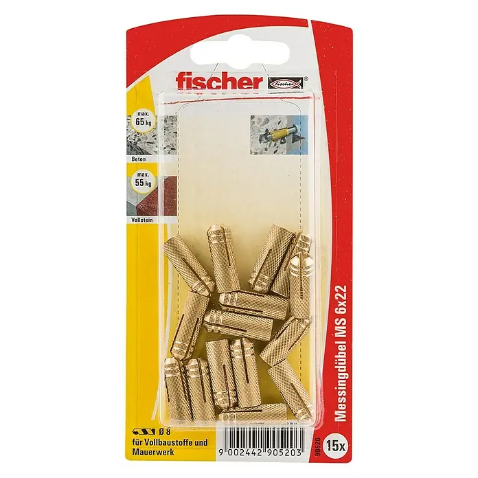 Fischer Messingdübel MS - Ø x L: 8 x 22 mm, M6 Innengewinde, Messing, 15 Stk.