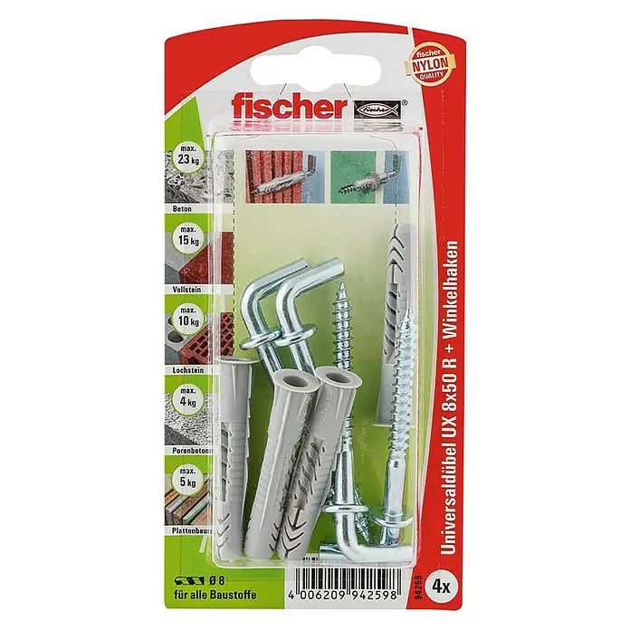 Fischer Universaldübel-Set UX WH - Ø x L: 8 x 50 mm, Winkelhaken, Nylon, 4 Stk.
