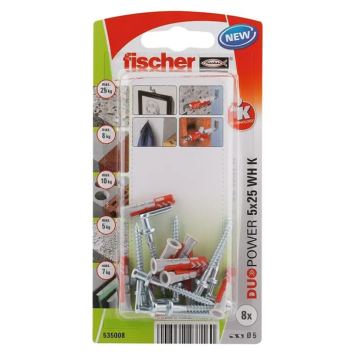 Fischer Duopower Dübel-Set 5 x 25 WH K - Durchmesser Dübel: 5 mm, Länge Dübel: 25 mm, Winkelhaken, 8 Stk.