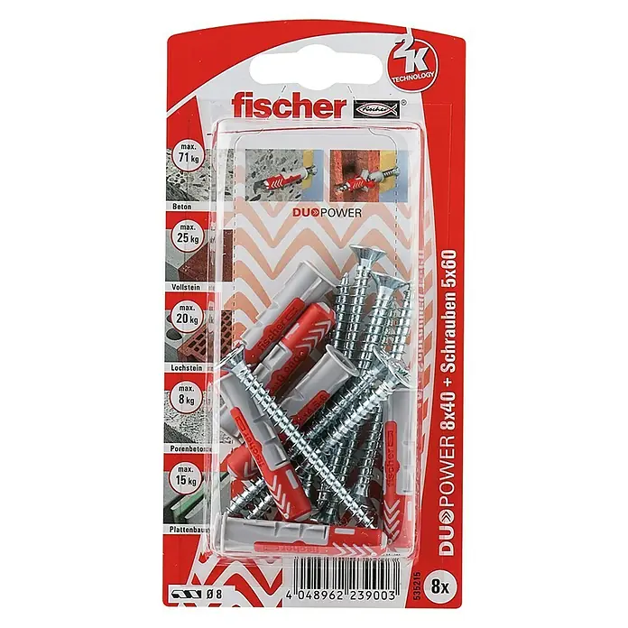 Fischer Duopower Dübel- & Schraubenbox 8 x 40 S - Durchmesser Dübel: 8 mm, Länge Dübel: 40 mm, 8 Stk., Senkkopfschraube