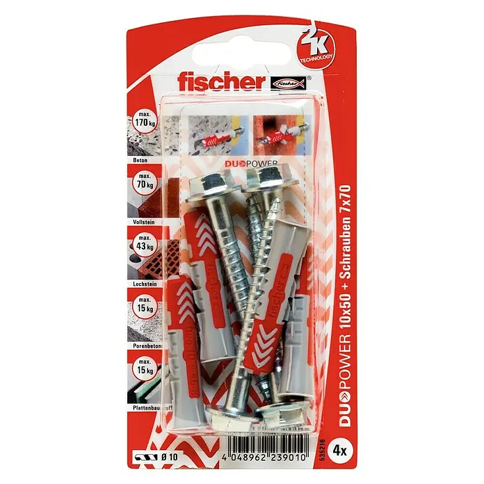Fischer Duopower Dübel- & Schraubenbox 10 x 50 S - Durchmesser Dübel: 10 mm, Länge Dübel: 50 mm, 4 Stk., Sechskantschraube