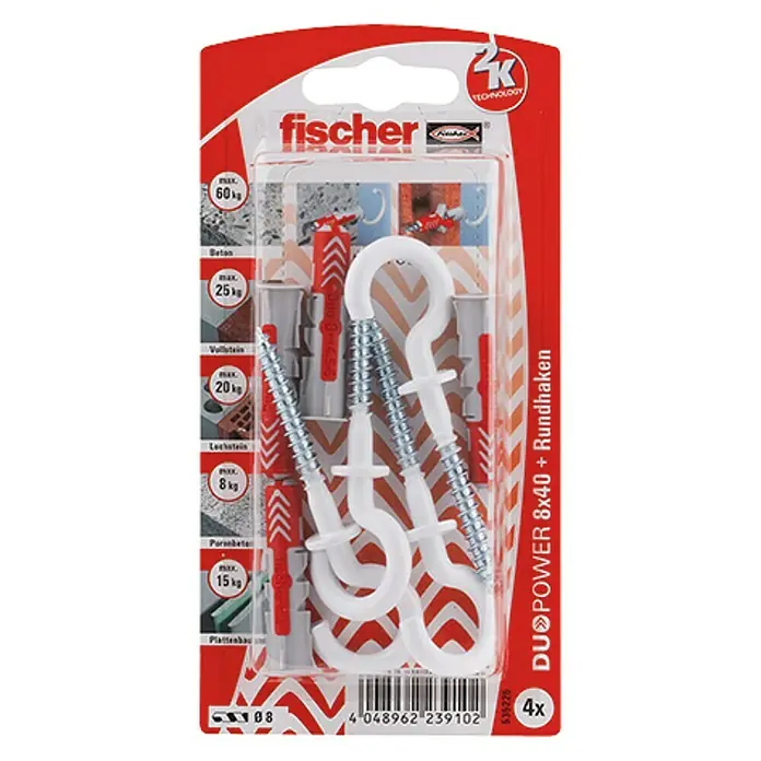 Fischer Duopower Dübel-Set 8 x 40 RH N K - Durchmesser Dübel: 8 mm, Länge Dübel: 40 mm, Rundhaken, 4 Stk., Nylonbeschichtet