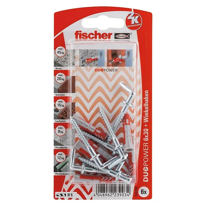 Fischer Duopower Dübel-Set 6 x 30 WH - Durchmesser Dübel: 6 mm, Länge Dübel: 30 mm, Winkelhaken, 6 Stk.