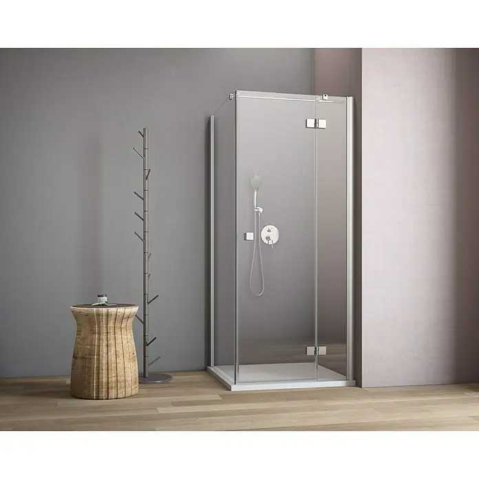 GEO Hit Eckdusche B-F300 - 80 x 90 x 200 cm, Beschichtet, DIN Anschlag: Rechts, Stärke: 6 mm, Silber - Vorderansicht