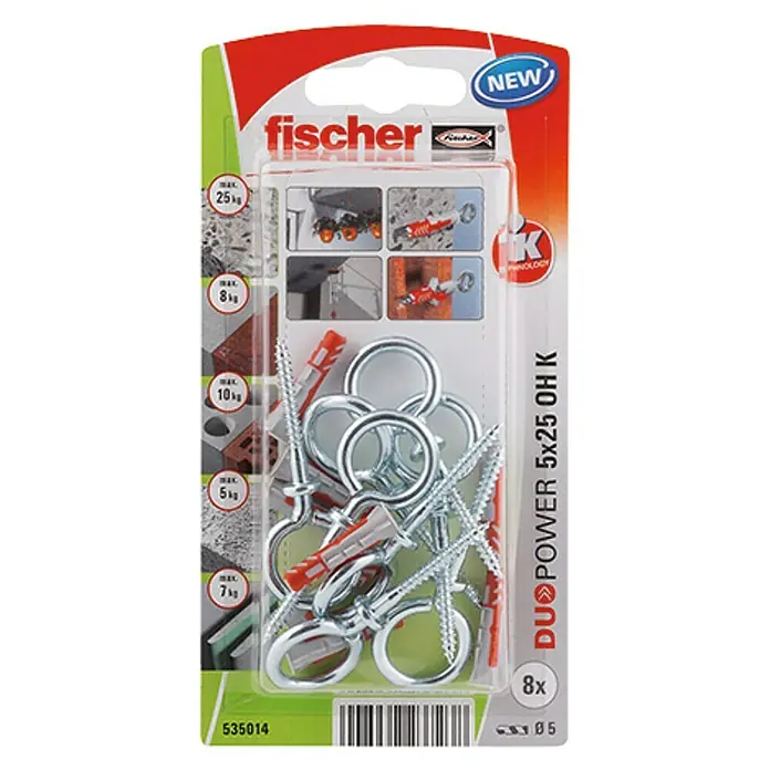 Fischer Duopower Set de tacos con gancho de ojo - Diámetro taco: 5 mm, Longitud taco: 25 mm, 8 uds.