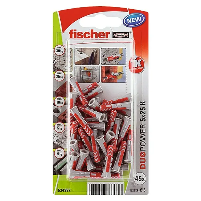 Fischer Duopower Surtido de tacos y tornillos - Diámetro taco: 5 mm, Longitud taco: 25 mm, 45 uds., Nylon
