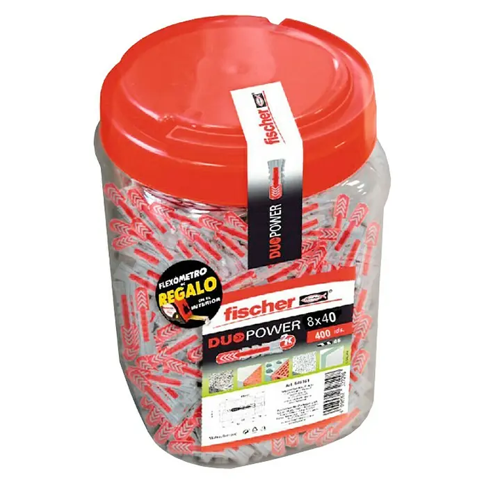 Fischer Duopower Surtido de tacos + flexómetro - Diámetro taco: 8 mm, Longitud taco: 40 mm, 400 uds., Con borde, Apto para: Placas de yeso laminado