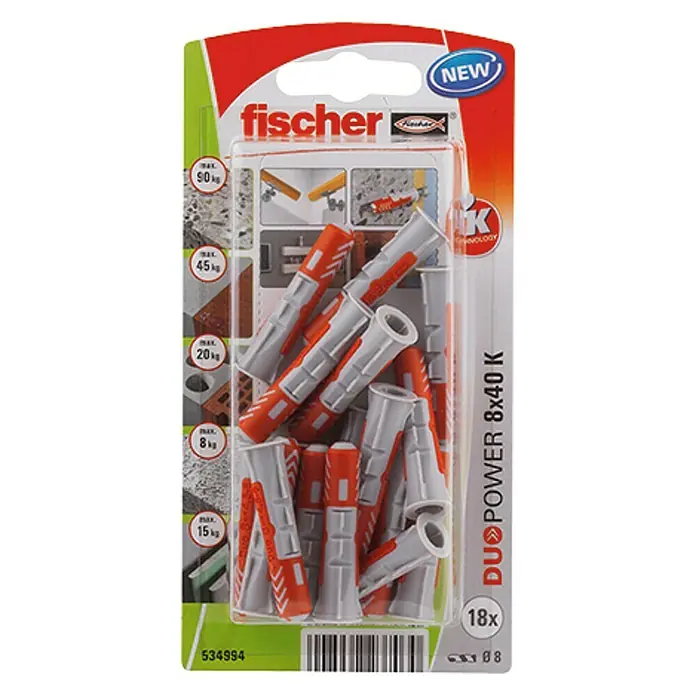 Fischer Duopower Set de tacos - Diámetro taco: 8 mm, Longitud taco: 40 mm, 18 uds., Nylon