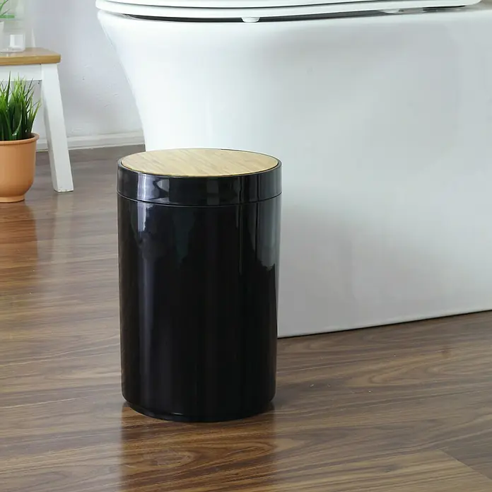 Papelera de baño Darwin - Negro/Bambú, Redonda, Plástico