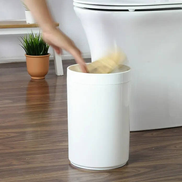 Papelera de baño Darwin - Blanco/Bambú, Redonda, Plástico