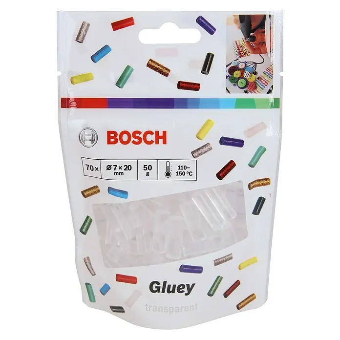 Bosch Gluey Klebepatronen Transparent - 70 Stk., Durchmesser Klebepatrone: 7 mm, Transparent