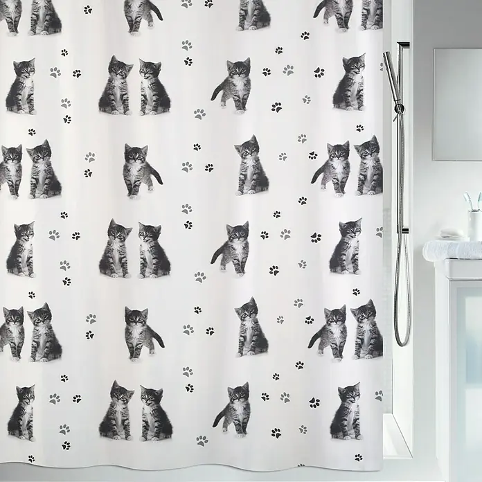 Spirella Cortina de baño textil Kitty - An x Al: 180 x 200 cm, Blanco, Gris