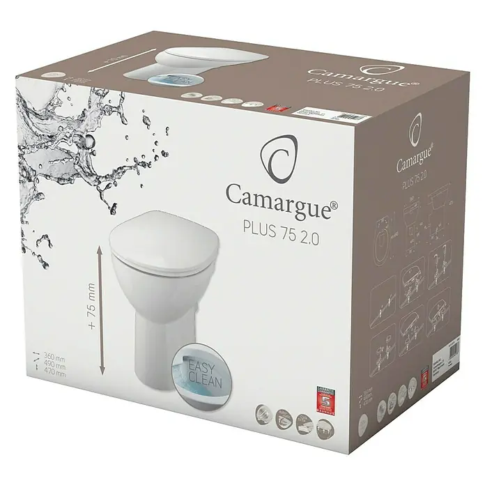 Camargue Set stajaća WC školjka s daskom Plus 75 2.0 - Bez ruba, Bez posebne glazure, Oblik ispiranja: Duboko, WC odvod: Vodoravno, Bijele boje