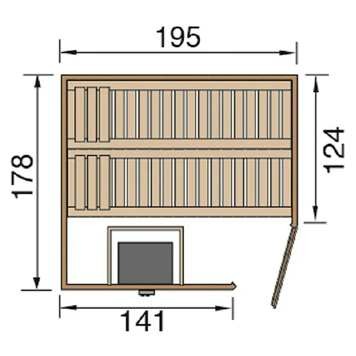 Weka Massivholzsauna Turku 1 GT Sparset - Mit 7,5 kW Ofen mit externer Steuerung, Inkl. Spezial-Saunenleuchten-Set, Ohne Fenster, 178 x 195 x 205 cm - Ansicht von oben