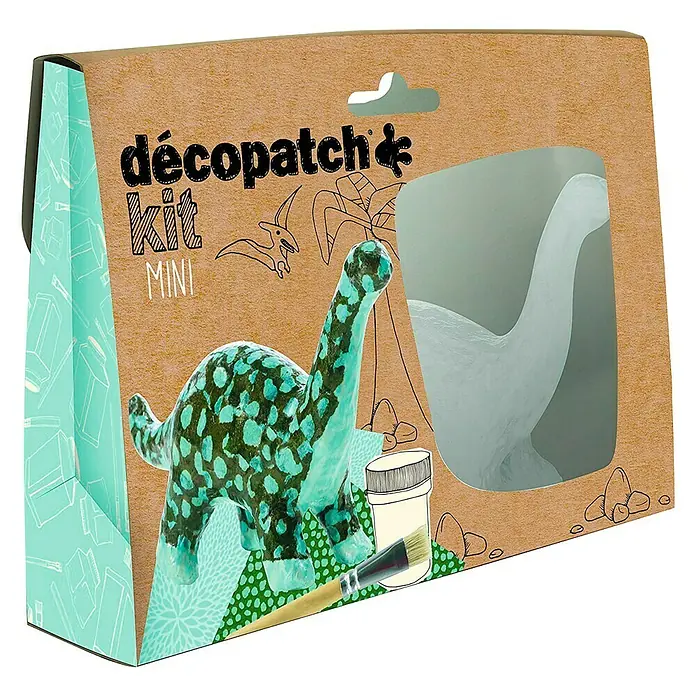 Décopatch Pieza decorativa mini Kit Dinosaurio - Material: Cartón, Pieza dinosaurio, 2 modelos diferentes de papel décopatch (1 hoja/modelo), barniz cola Décopatch y pincel