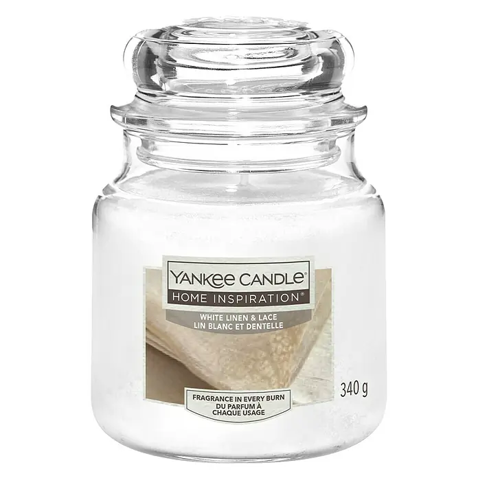 Yankee Candle Home Inspirations Duftkerze Classic - Im Glas, White Linen & Lace, Medium - Vorderansicht