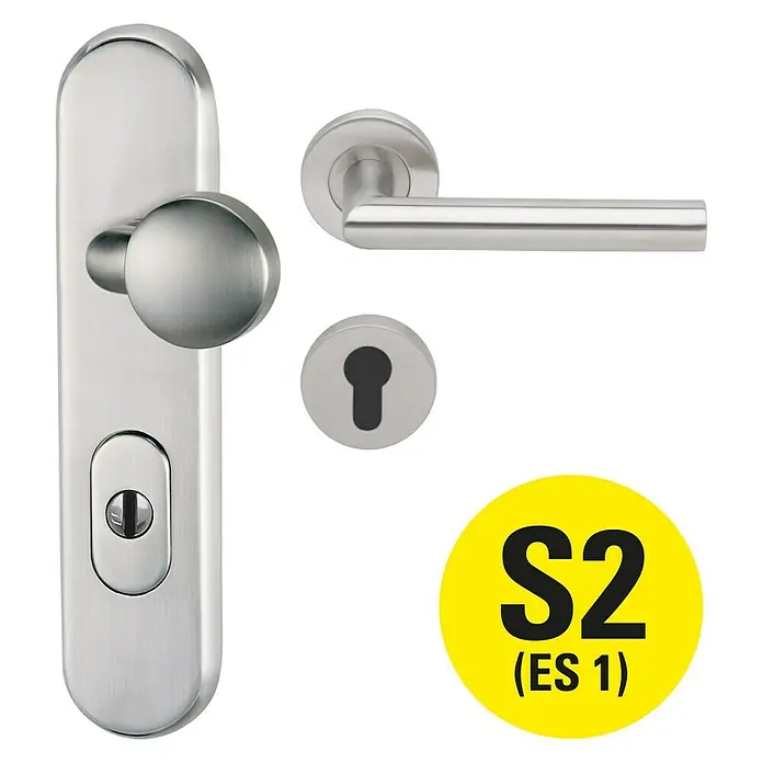 Diamond Doors Modern Schutzbeschlag warrior L-Form - Wohnungsabschlusstür, Edelstahl, Türstärke: 35 mm - 45 mm, Knopf außen, Drücker innen, DIN 18257 ES1 - Vorderansicht