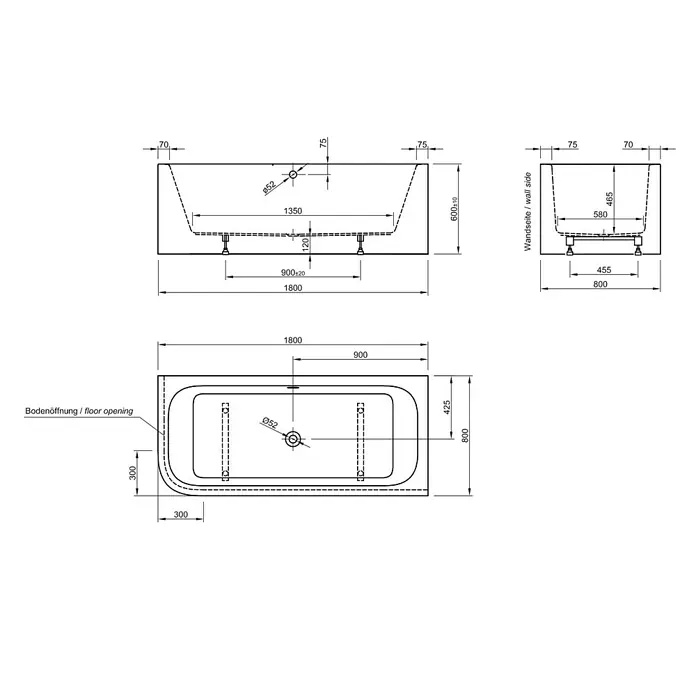 Ottofond Badewanne Bonita - 180 x 80 cm, Linksseitig, Mit Ab- & Überlaufgarnitur, Sanitäracryl, Weiß