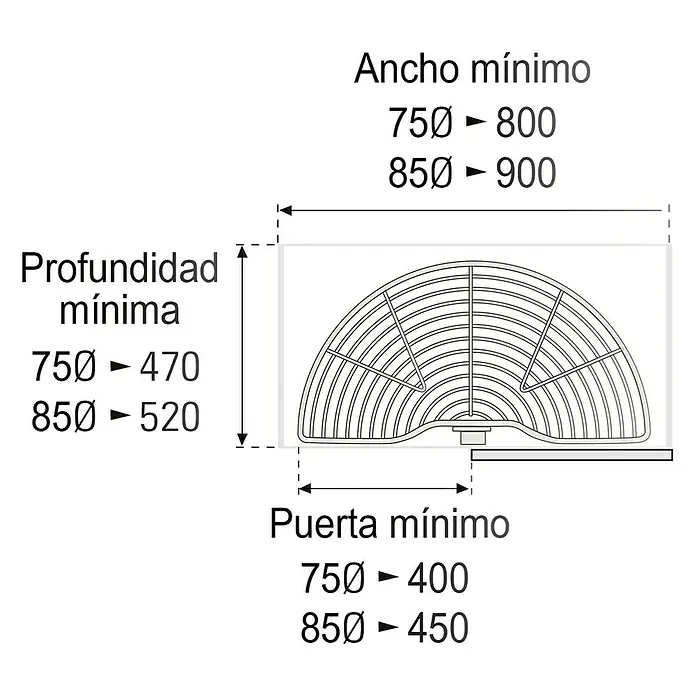 Estantería rinconera metálica semicircular 75 - L x An x Al: 470 x 800 x 400 mm, Cromo