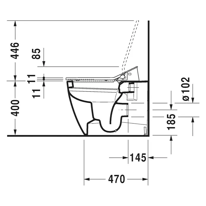 Duravit ME by Starck Stand-WC Typ 1 - Mit Spülrand, Ohne Spezialglasur, Spülform: Tief, WC Abgang: Waagerecht, Weiß - Skizze