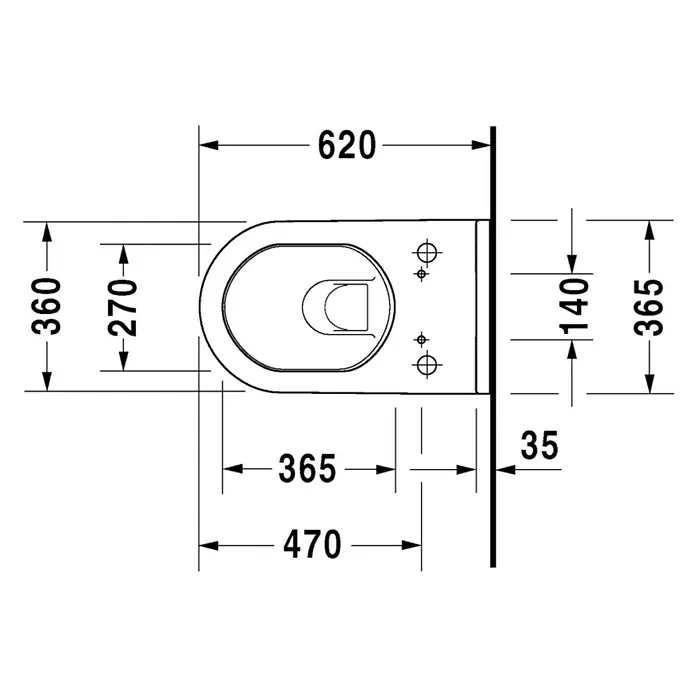 Duravit Starck 3 Wand-WC Typ 2 - Mit Spülrand, Ohne Spezialglasur, Spülform: Tief, WC Abgang: Waagerecht, Weiß - Skizze
