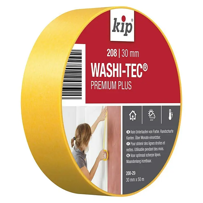 Kip Fineline-Tape Washi-Tec Universal 208 - Selbstklebend, 50 m x 30 mm x 0,09 mm, Temperaturbeständigkeit: Bis 120 °C - Diagonale Ansicht