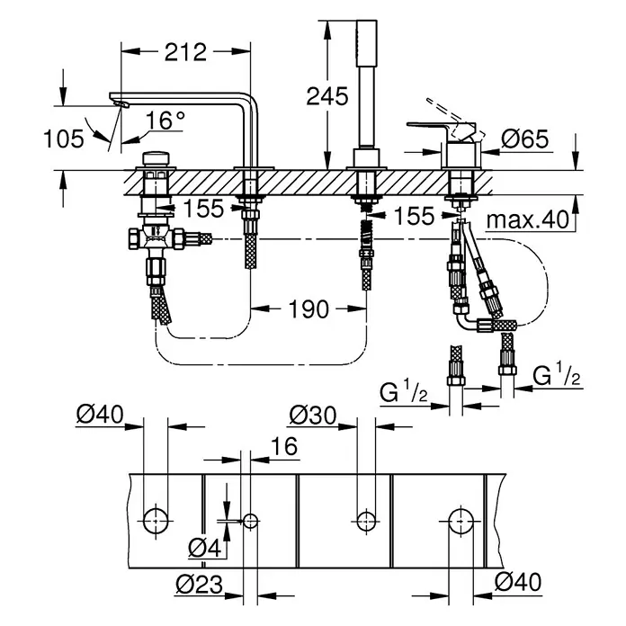 Grohe Lineare Wannenrandarmatur Liniare - 4-Loch, Chrom, Glänzend