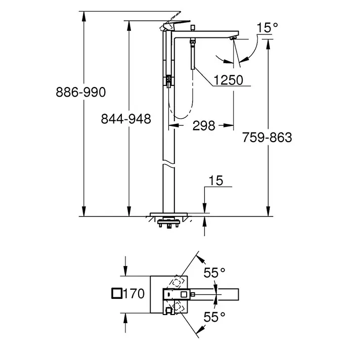 Grohe Eurocube Wannenstandarmatur - Höhe: 94,8 cm, Verchromt