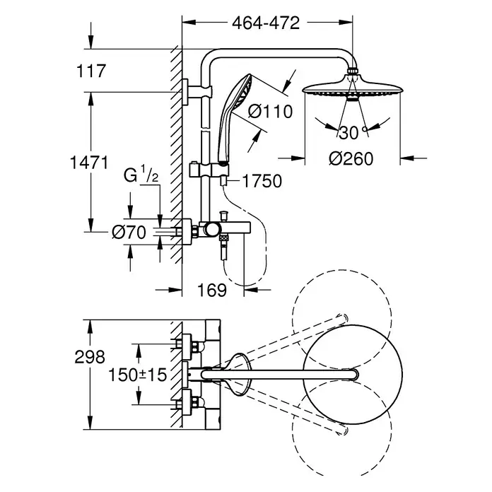 Grohe Duschsystem Euphoria 260 - Mit Thermostatarmatur, Lochabstand: 147,1 cm, Anzahl Strahlarten: 3 Stk., Chrom