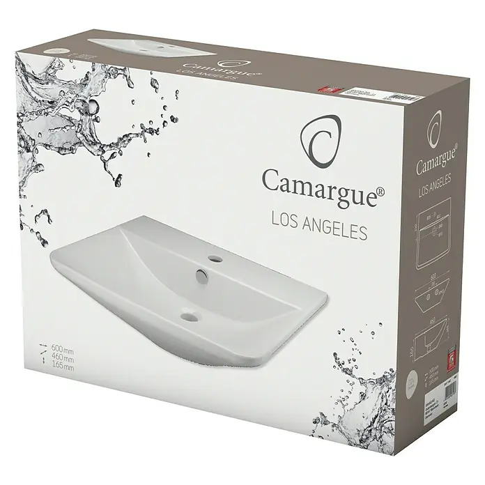 Camargue Los Angeles Umivaonik Strong - 60 x 46 cm, Bez posebne glazure, Rupa za slavinu: Sredina, S preljevom, Bijela boja
