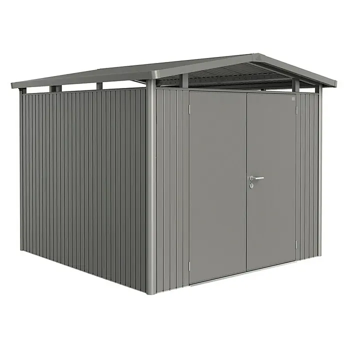 Biohort Gerätehaus Panorama - Außenbreite inkl. Dachüberstand: 273 cm, Außentiefe inkl. Dachüberstand: 278 cm, Stahl, Quarzgrau Metallic, Doppeltür - Vorderansicht