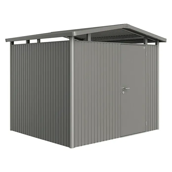 Biohort Gerätehaus Panorama - Außenbreite inkl. Dachüberstand: 273 cm, Außentiefe inkl. Dachüberstand: 238 cm, Stahl, Quarzgrau Metallic, Einzeltür - Vorderansicht