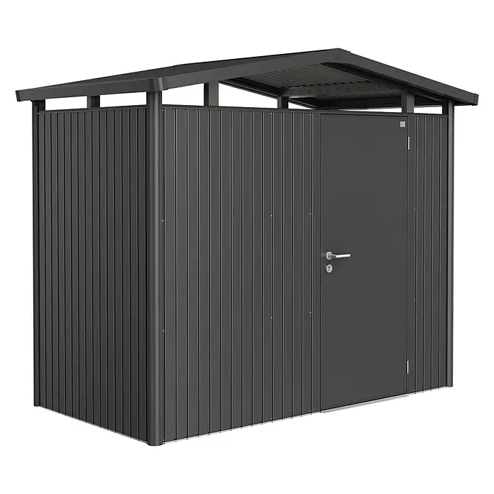 Biohort Gerätehaus Panorama - Außenbreite inkl. Dachüberstand: 273 cm, Außentiefe inkl. Dachüberstand: 158 cm, Stahl, Dunkelgrau Metallic, Einzeltür - Vorderansicht
