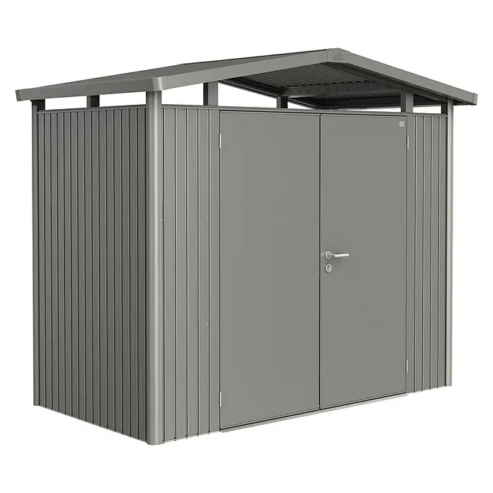 Biohort Gerätehaus Panorama - Außenbreite inkl. Dachüberstand: 273 cm, Außentiefe inkl. Dachüberstand: 158 cm, Stahl, Quarzgrau Metallic, Doppeltür - Vorderansicht