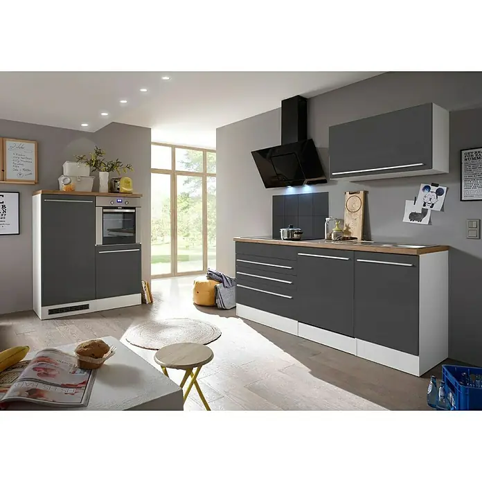 Respekta Premium Küchenbar BERP320HWGC - Breite: 320 cm, Front: Grau Hochglanz, Mit Elektrogeräten